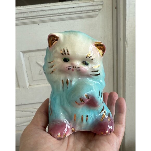 Vintage 50's Blue Ceramic Cat Kitten Planter Pot Vase Kitsch Retro - Picture 5 of 11